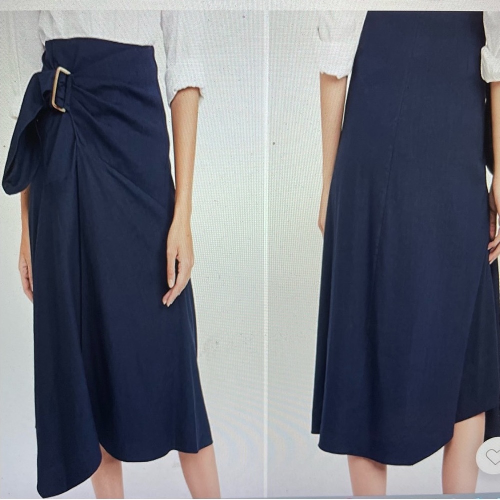 Vince Side Buckle Wrap Skirt size 8 navy blue midi linen blend office workwear